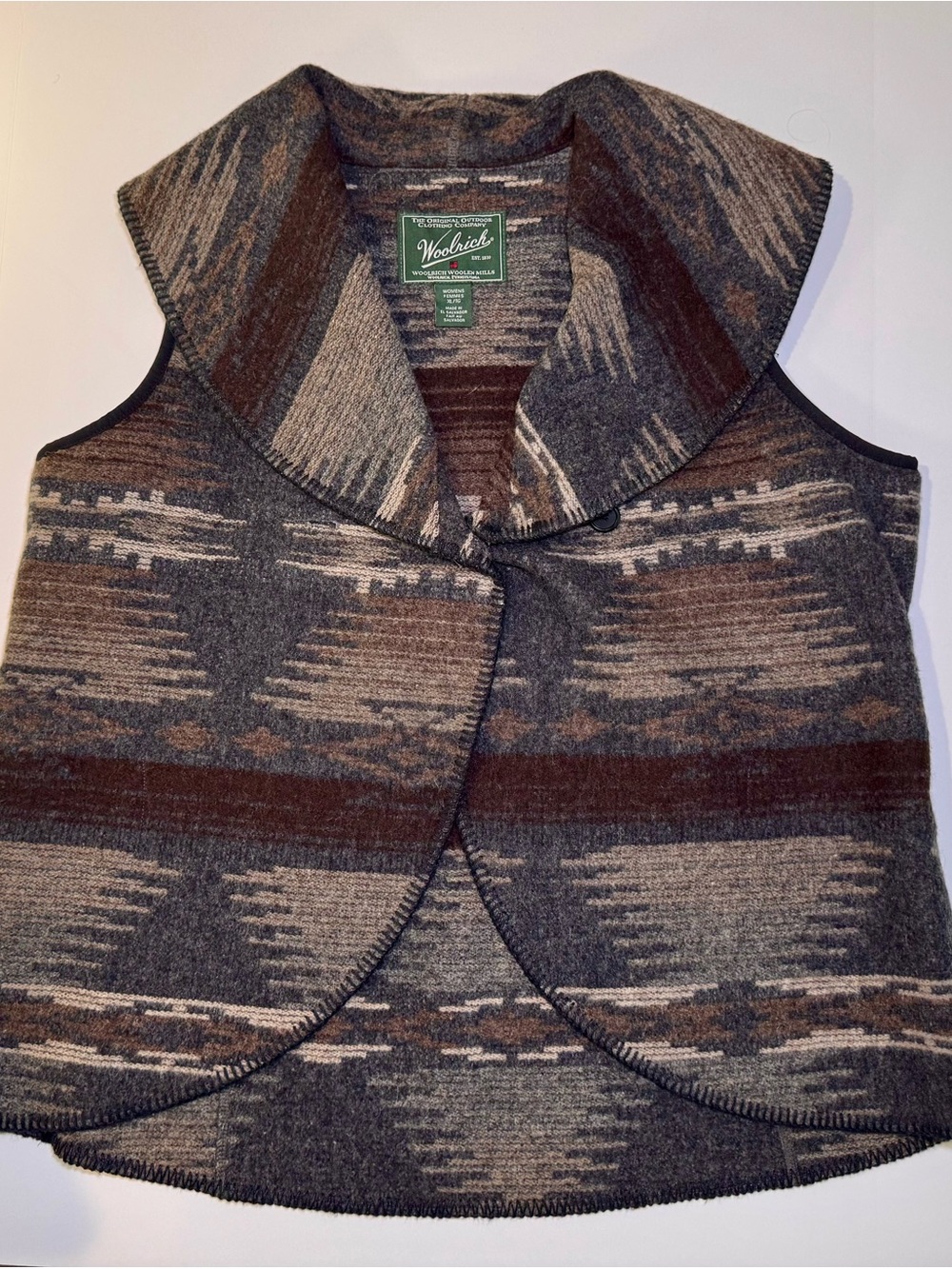 Woolrich Brown & Gray Southwestern Wool Shawl-Collar Vest  XL